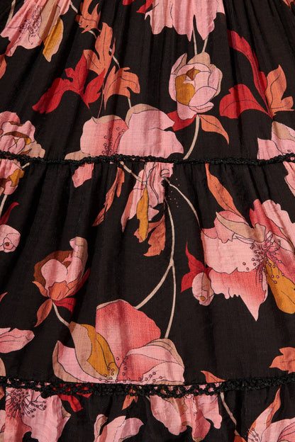 Riverstone Dress in Black Floral with Black Lace Trim