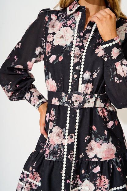 Wild Flower Muse Shirt Dress in Black with Blush Floral