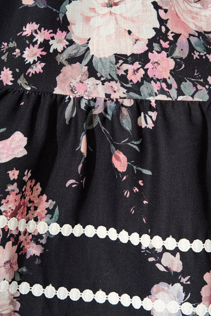 Wild Flower Muse Shirt Dress in Black with Blush Floral