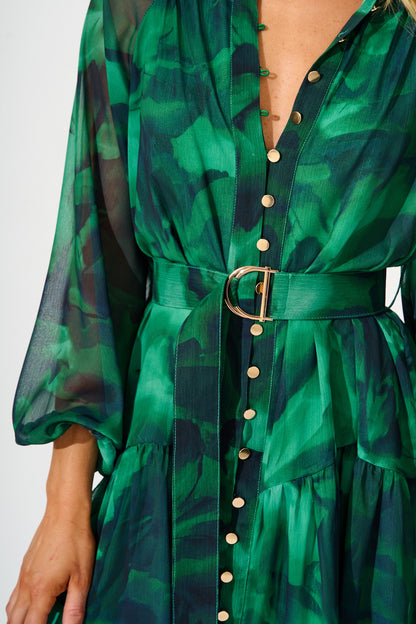 Mica Dress in Green Watercolour Chiffon