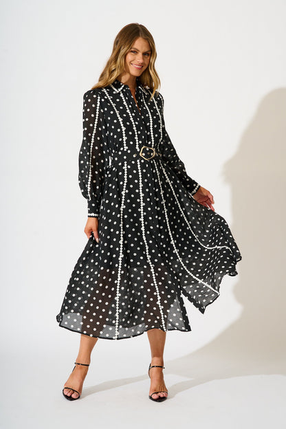 Lovingly Maxi Shirt Dress in Black with White Polka Dot