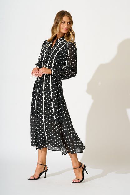 Lovingly Maxi Shirt Dress in Black with White Polka Dot