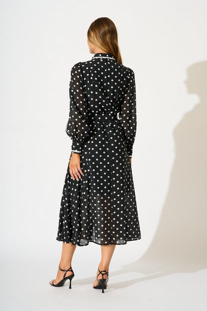 Lovingly Maxi Shirt Dress in Black with White Polka Dot