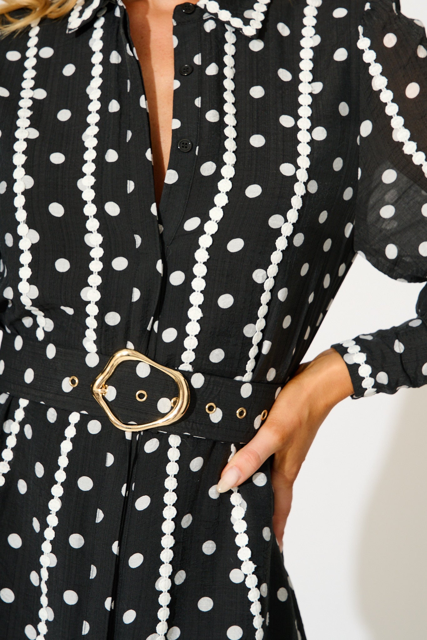 Lovingly Maxi Shirt Dress in Black with White Polka Dot