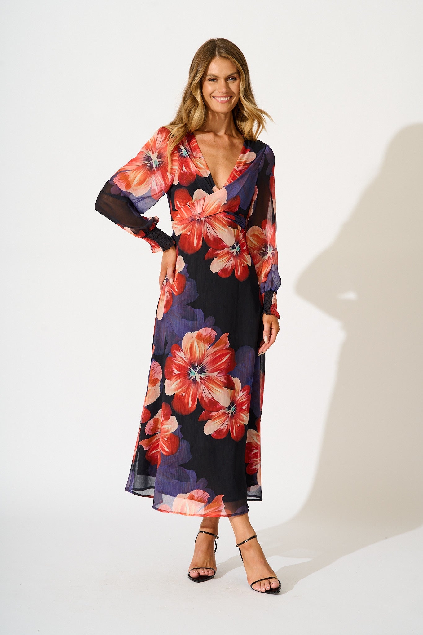 Midnight Magnolia Maxi Dress in Black with Red Floral Chiffon