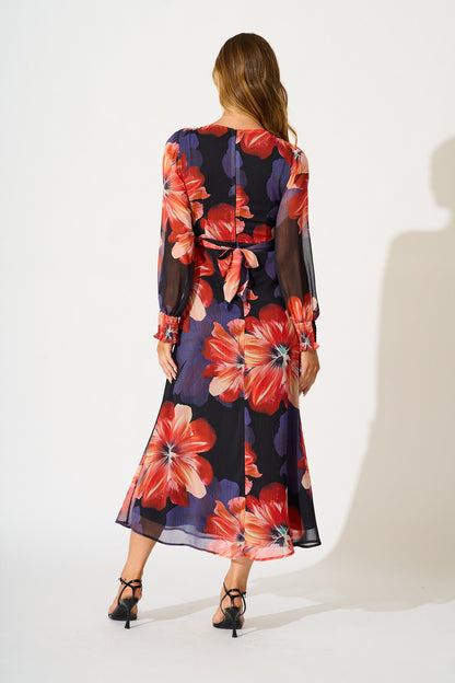 Midnight Magnolia Maxi Dress in Black with Red Floral Chiffon