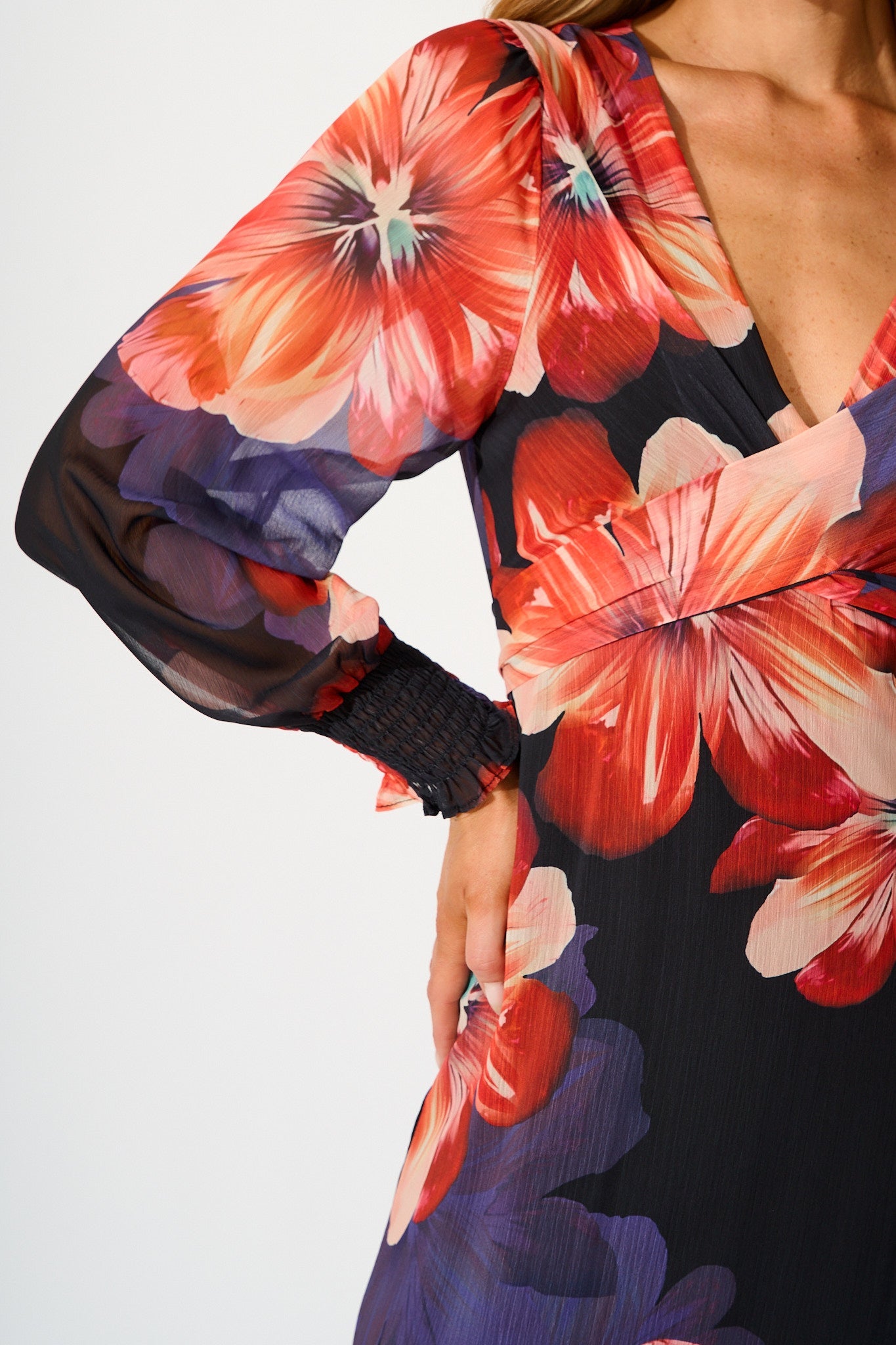 Midnight Magnolia Maxi Dress in Black with Red Floral Chiffon