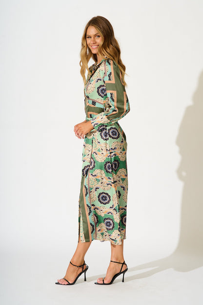 Newman Maxi Shirt Dress in Multi Green Print Satin