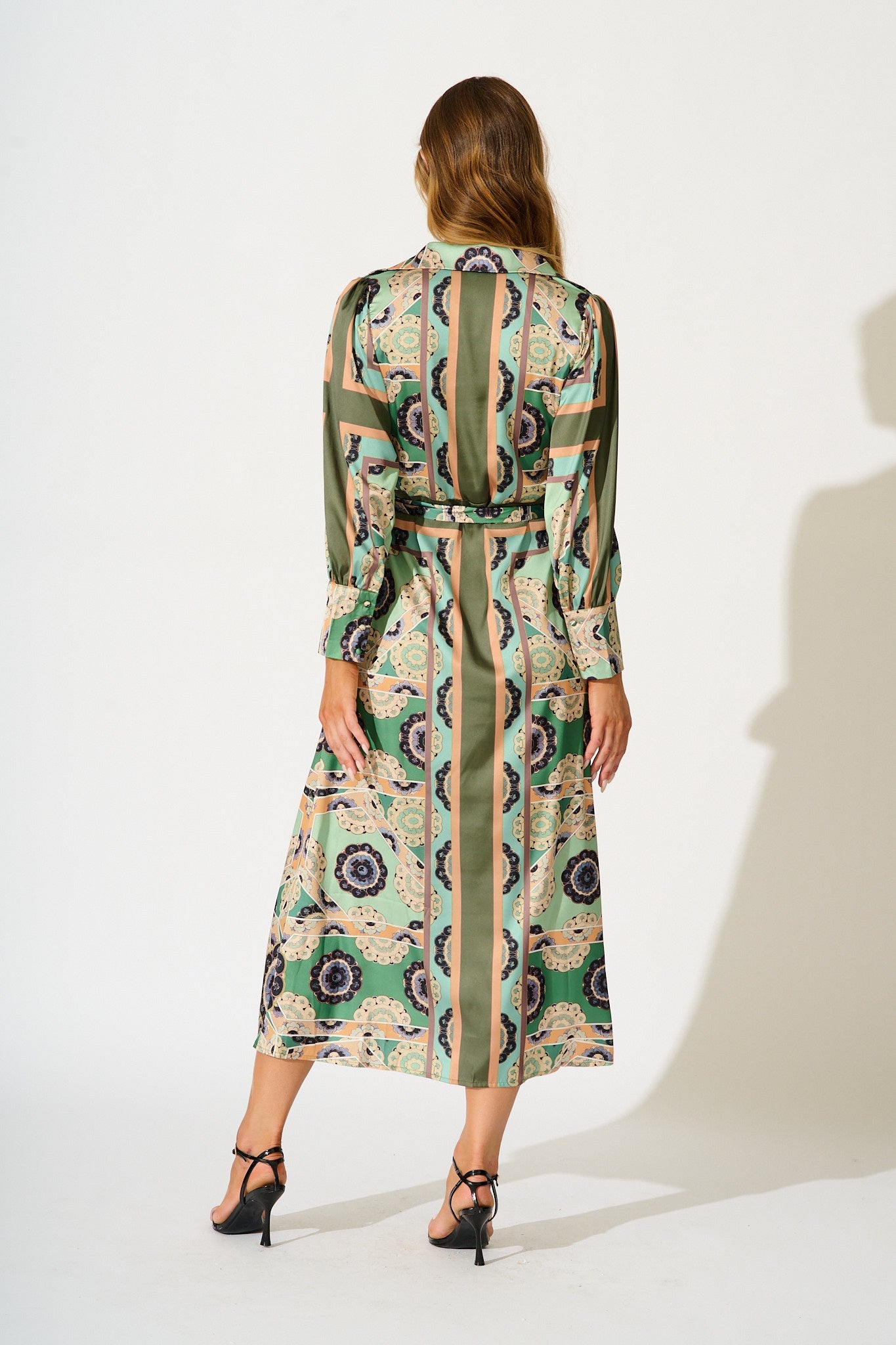 Newman Maxi Shirt Dress in Multi Green Print Satin