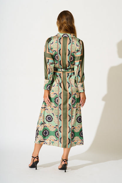 Newman Maxi Shirt Dress in Multi Green Print Satin