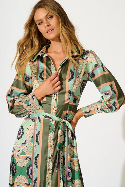 Newman Maxi Shirt Dress in Multi Green Print Satin