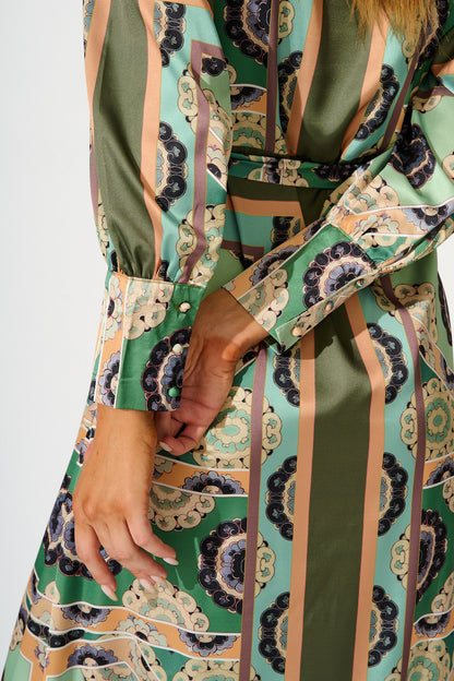 Newman Maxi Shirt Dress in Multi Green Print Satin