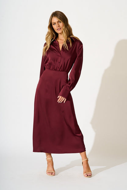 Olsen Maxi Dress in Wine Satin