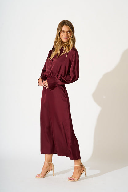 Olsen Maxi Dress in Wine Satin