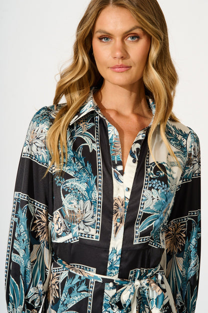 Fleur De Lune Dress in Black and Blue Floral