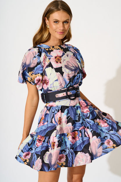 Ethereal Dress in Multi Blue Floral Linen Blend