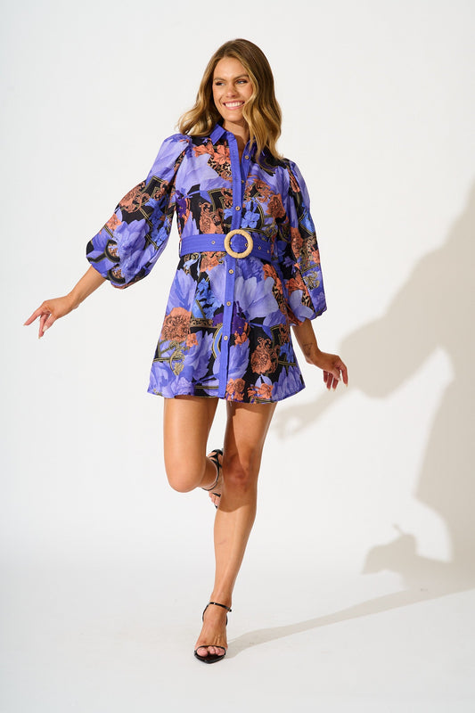 Lunar Bloom Shirt Dress in Blue with Multi Linen Blend