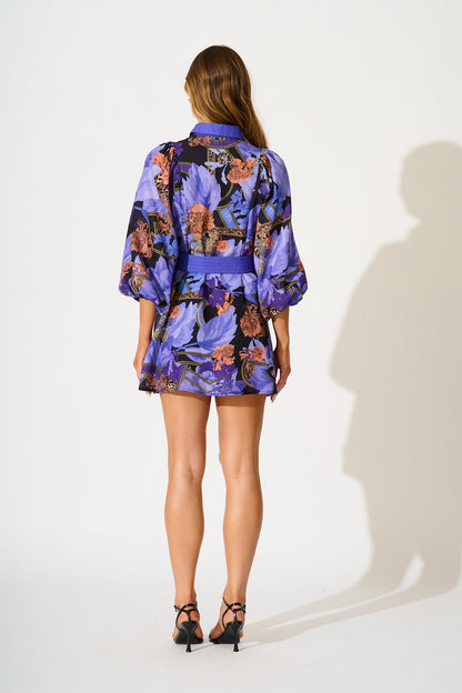 Lunar Bloom Shirt Dress in Blue with Multi Linen Blend