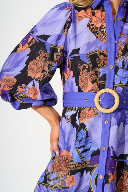Lunar Bloom Shirt Dress in Blue with Multi Linen Blend