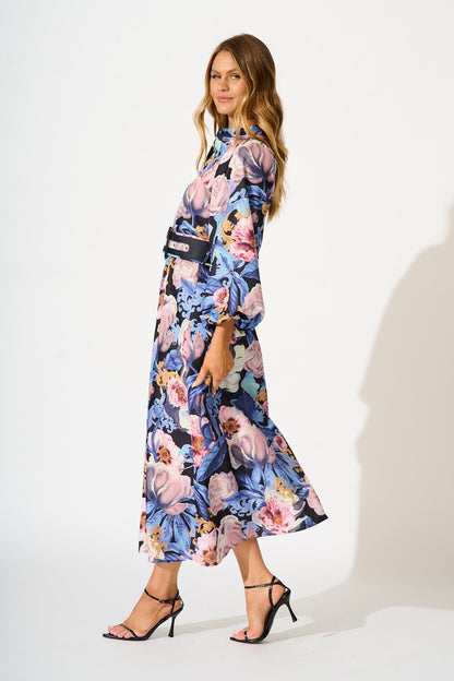 Garden Gala Maxi Dress in Multi Blue Floral Linen Blend