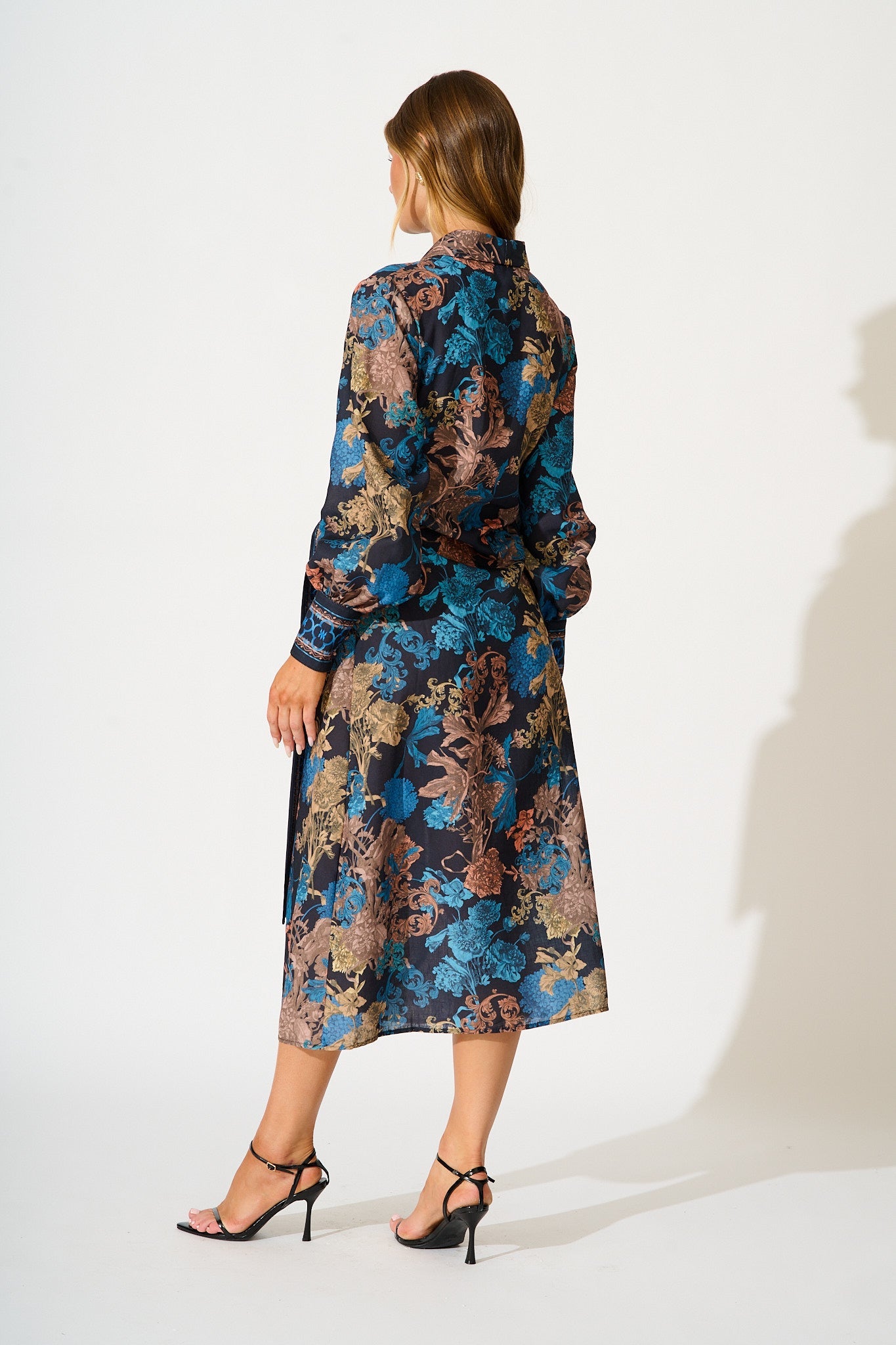 Garden Whispers Midi Dress in Black Multi Floral Linen Blend