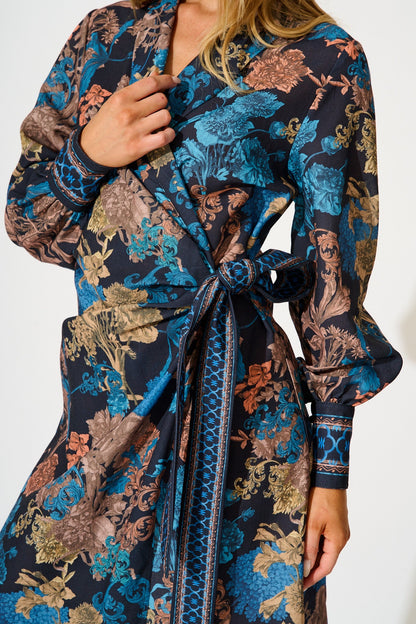 Garden Whispers Midi Dress in Black Multi Floral Linen Blend