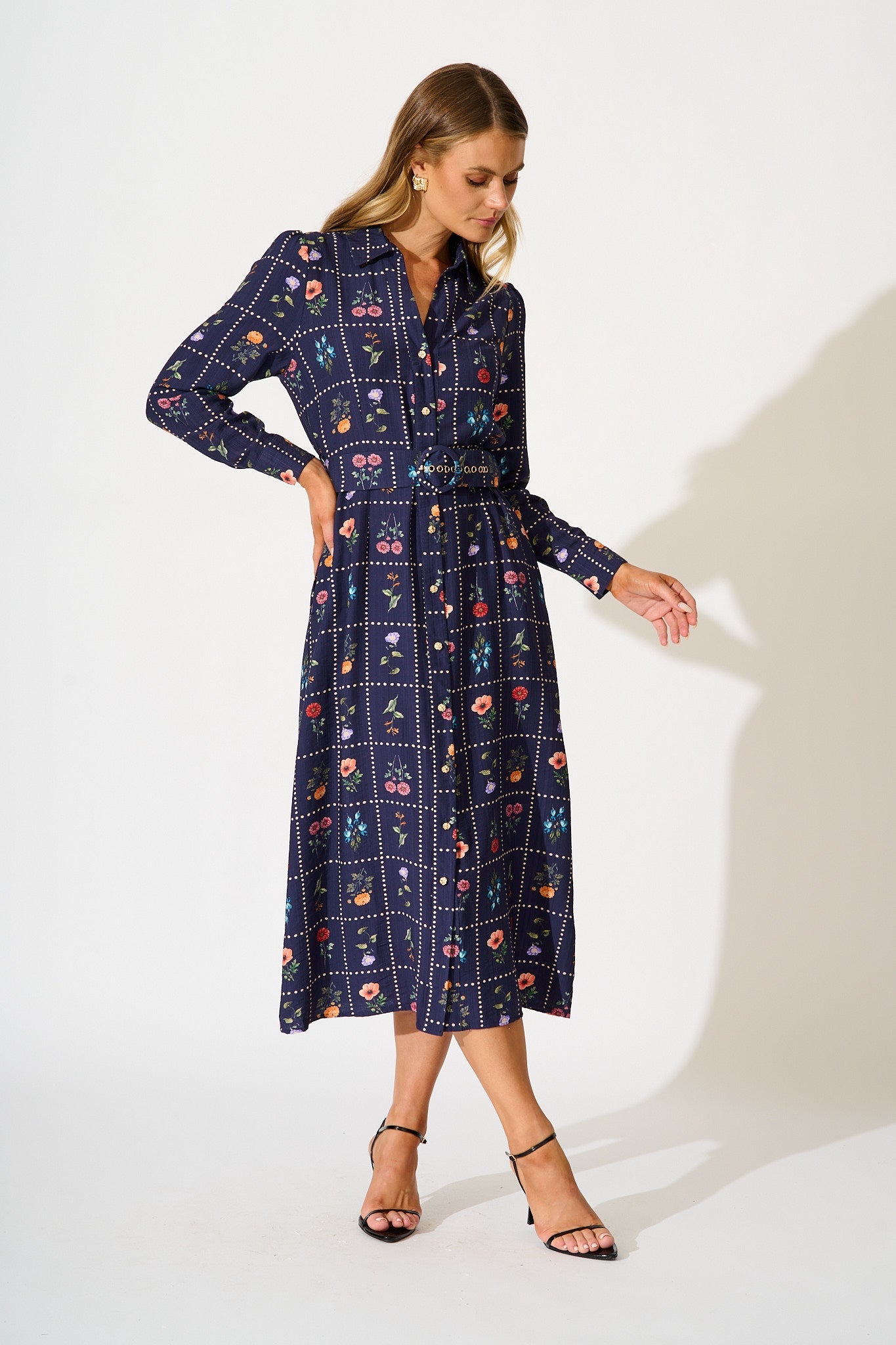 Framed in Florals Midi Shirt Dress in Navy with Multi Floral