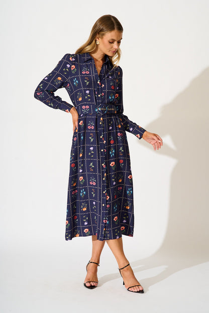 Framed in Florals Midi Shirt Dress in Navy with Multi Floral