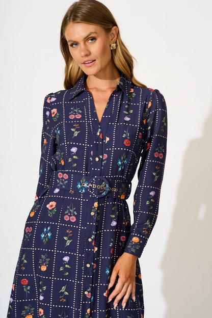 Framed in Florals Midi Shirt Dress in Navy with Multi Floral