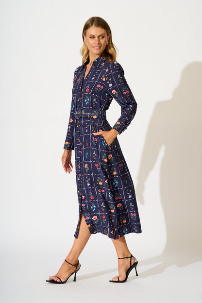 Framed in Florals Midi Shirt Dress in Navy with Multi Floral