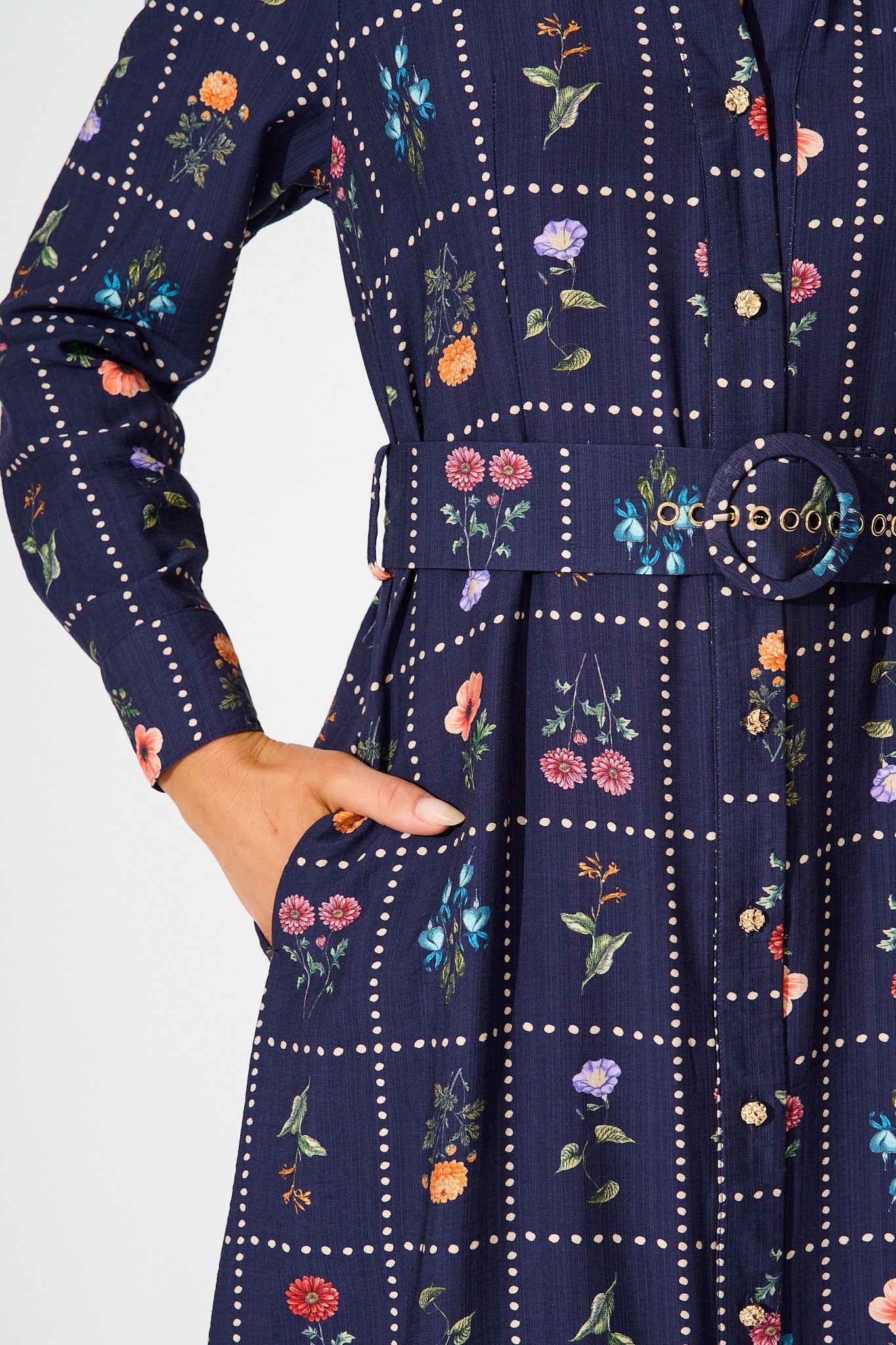 Framed in Florals Midi Shirt Dress in Navy with Multi Floral