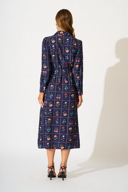 Framed in Florals Midi Shirt Dress in Navy with Multi Floral