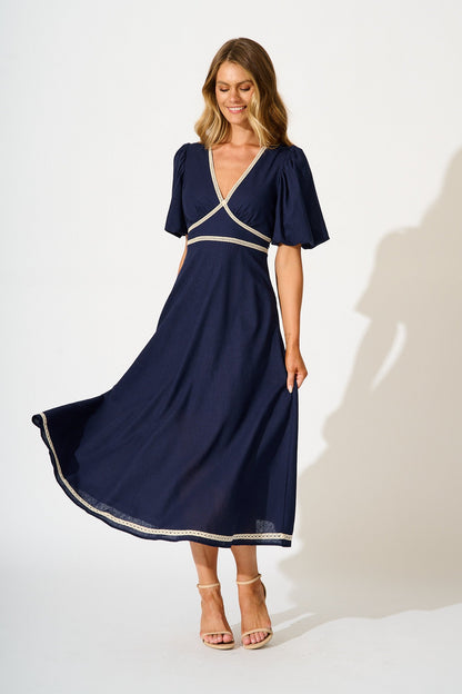 Soft Serenade Midi Dress in Navy Linen Blend