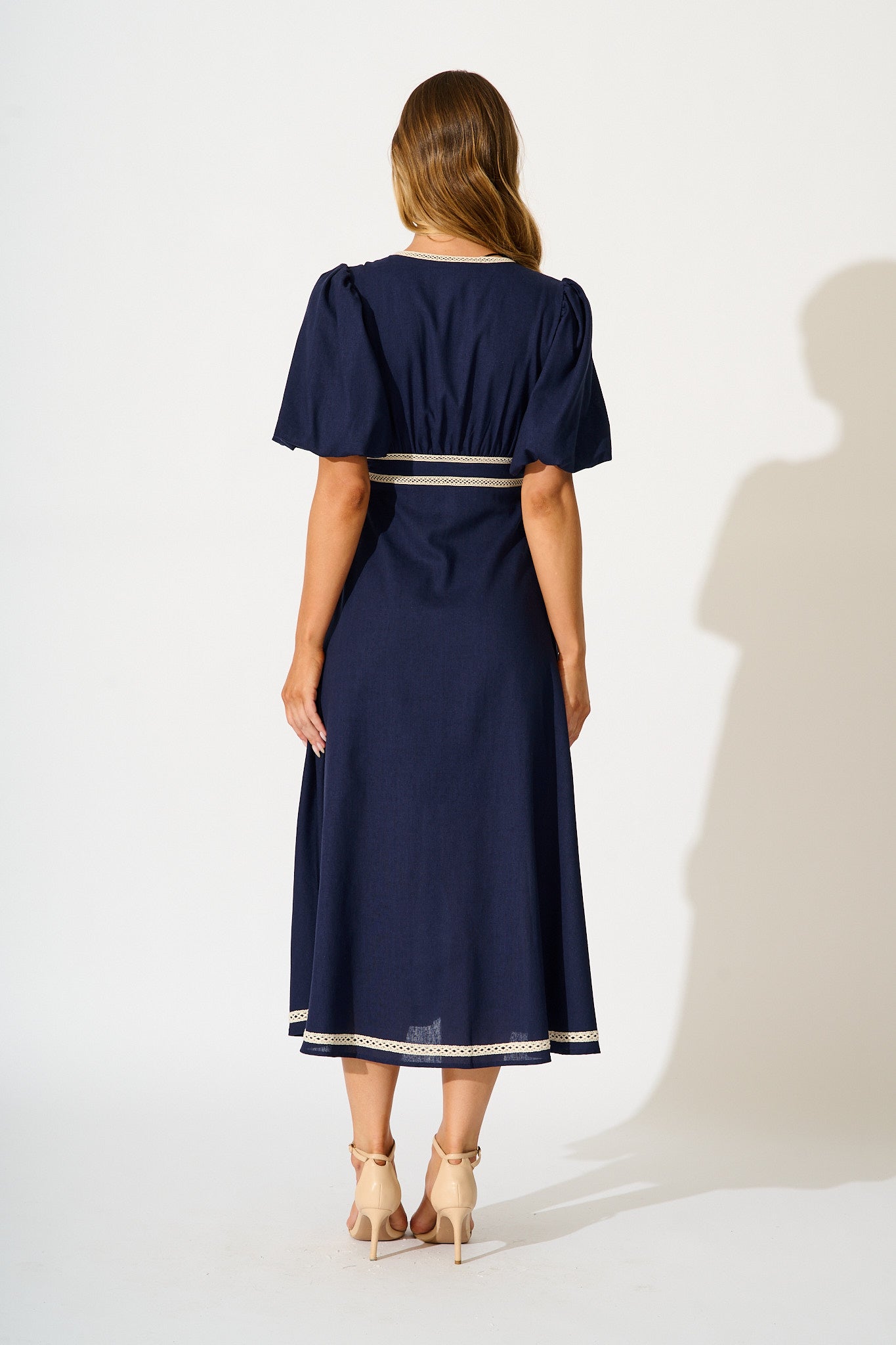 Soft Serenade Midi Dress in Navy Linen Blend