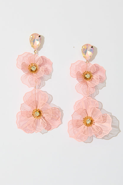 Mariana Double Flower Drop Earrings In Blush with Stone