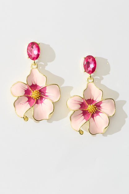 Orchid Drop Earrings in Pink Enamel with Stone