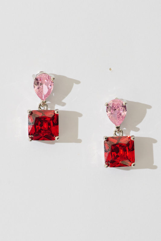 Elise Drop Earrings in Silver with Pink And Red Stones