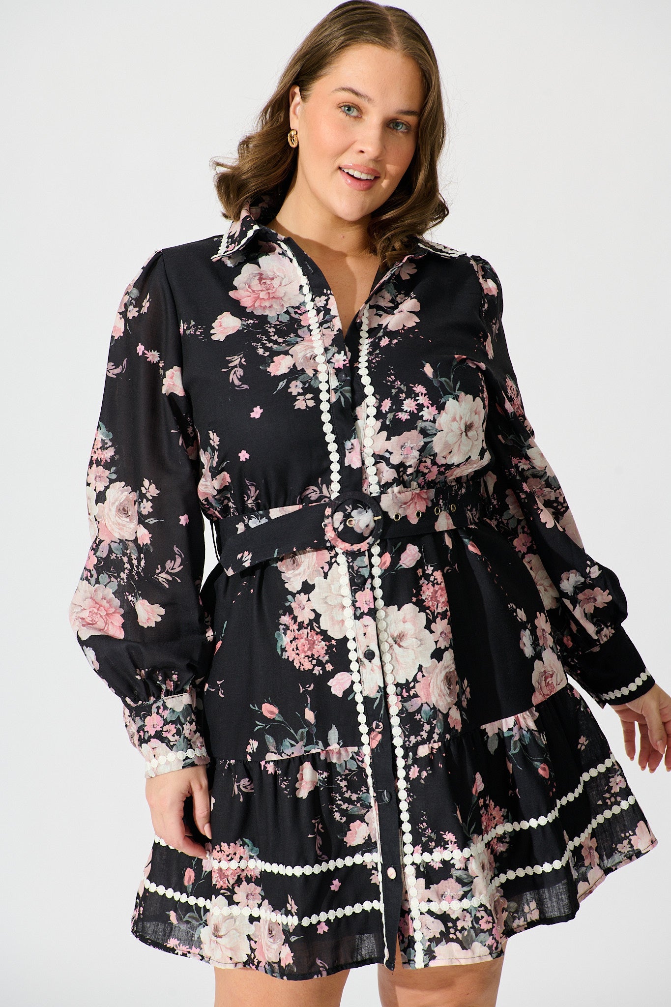 Wild Flower Muse Shirt Dress in Black with Blush Floral