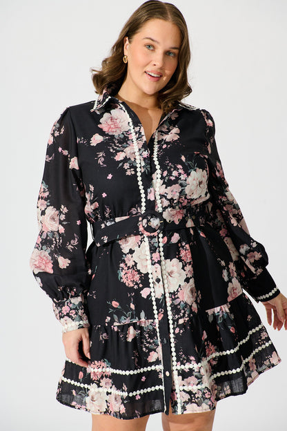 Wild Flower Muse Shirt Dress in Black with Blush Floral