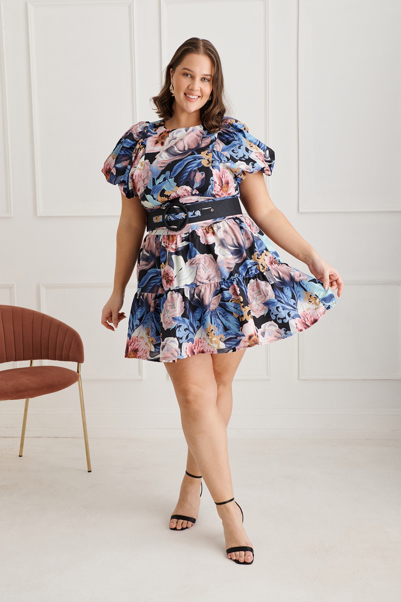 Ethereal Dress in Multi Blue Floral Linen Blend