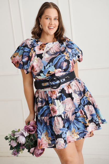 Ethereal Dress in Multi Blue Floral Linen Blend