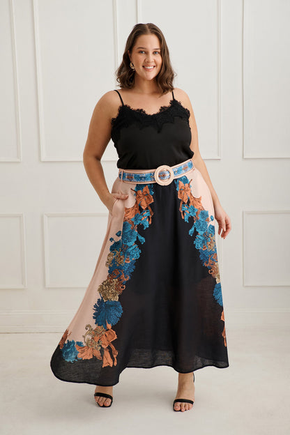 Floral Muse Maxi Skirt in Black Multi Floral Linen Blend