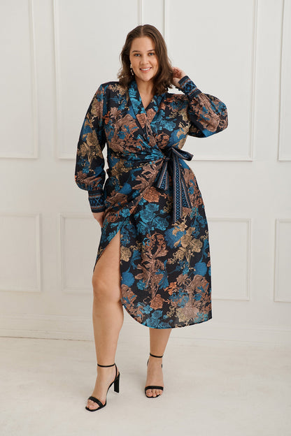 Garden Whispers Midi Dress in Black Multi Floral Linen Blend