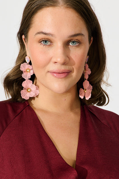 Mariana Double Flower Drop Earrings In Blush with Stone