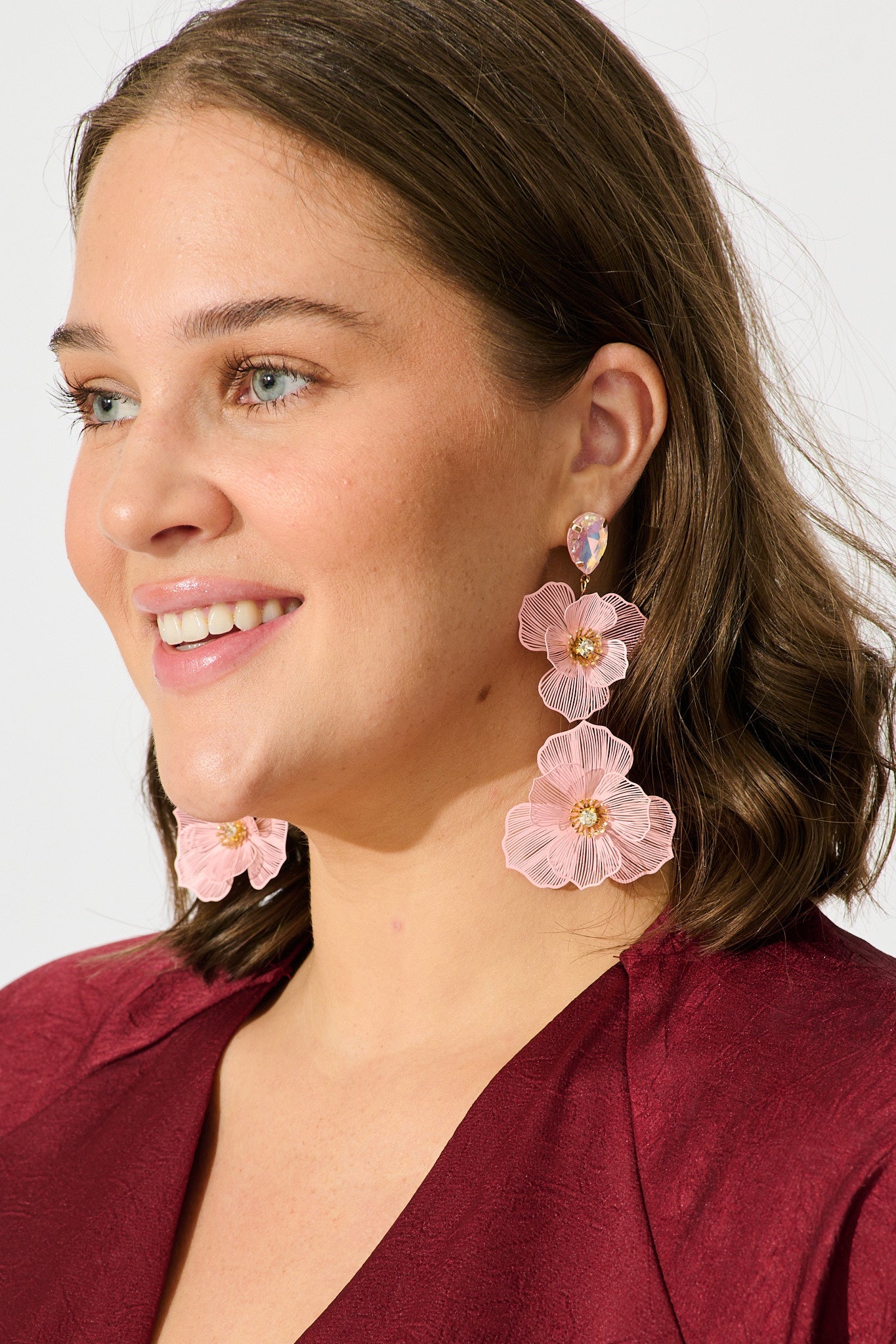 Mariana Double Flower Drop Earrings In Blush with Stone