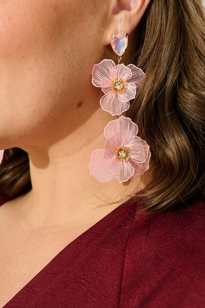 Mariana Double Flower Drop Earrings In Blush with Stone