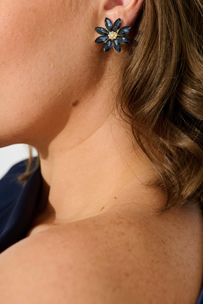 Bloom Clip On Earrings in Navy Stones