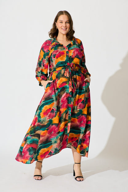 Neroli Midi Shirt Dress in Multi Watercolour Print