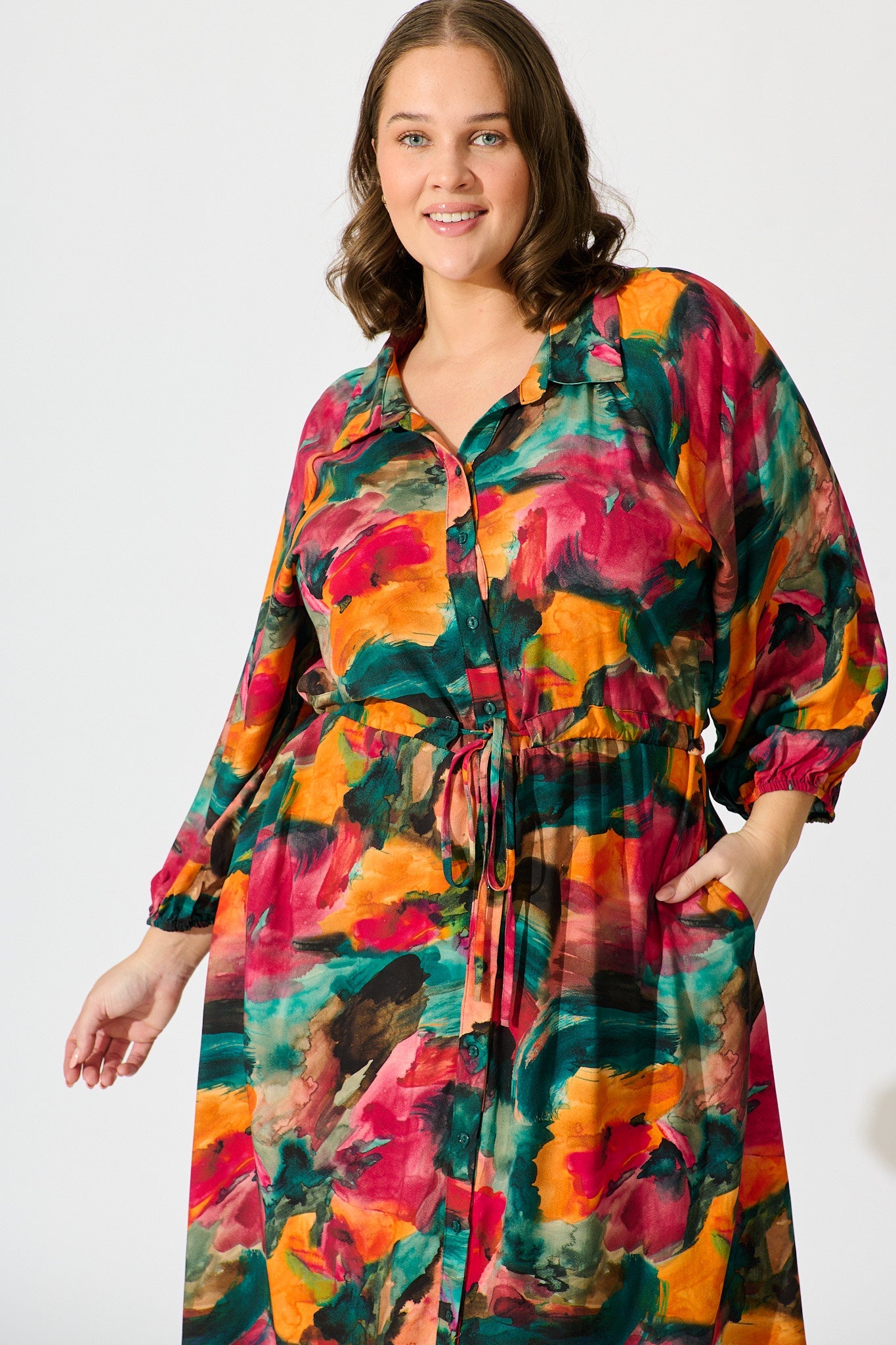 Neroli Midi Shirt Dress in Multi Watercolour Print