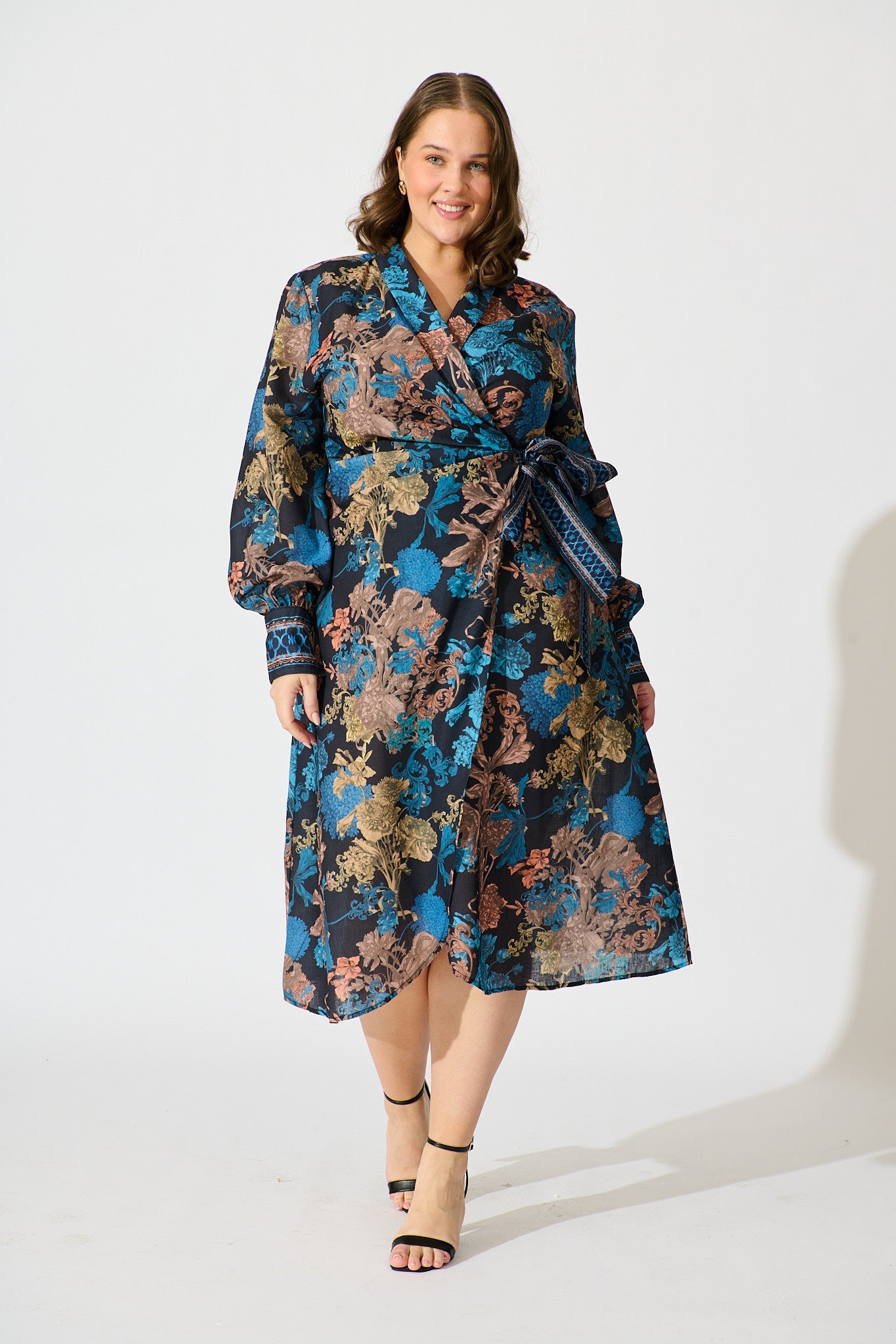 Garden Whispers Midi Dress in Black Multi Floral Linen Blend